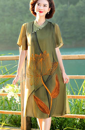 Green Blue Mothers Lotus Print Chiffon Qipao Cheongsam Dress