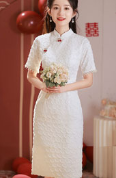 White Lace Midi Engagement Qipao Cheongsam Dress