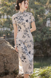 2023 Color-block Bamboo Print Cheongsam Qipao Dress