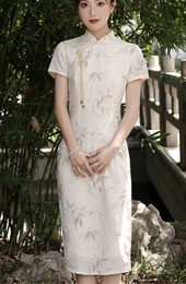 White Bamboo Print Midi Cheongsam Qipao Dress