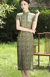 Green Leaf Print Midi Qipao Cheongsam Dress