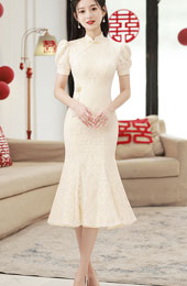 White Lace Midi Fishtail Wedding Qipao Cheongsam Dress