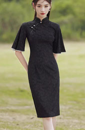 Black Floral Lace Flutter Sleeve Qipao Cheongsam Dress