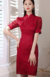 Red Lace Wedding Bride Qipao Cheongsam Dress
