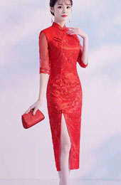 Red Lace Split Front Wedding Bride Qipao Cheongsam Dress