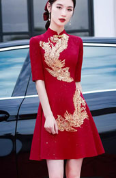 Red Sequined Phoenix A-Line Wedding Qipao Cheongsam Dress