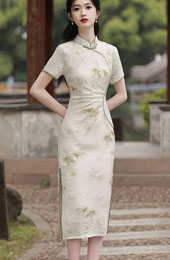 Beige Bamboo Print Pleat Cheongsam Qipao Dress