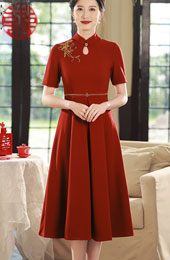 Red Bridal Mothers Midi A-Line Qipao Cheongsam Dress