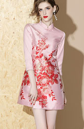 Red Pink Floral Winter Pocket Qipao / Cheongsam Dress