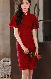 Red Lace Flutter Sleeve Wedding Bride Qipao Cheongsam Dress