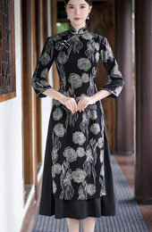 Black Floral A-line Mothers Aodai Cheongsam Dress