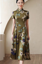 Green Floral A-line Mothers Qipao Cheongsam Dress