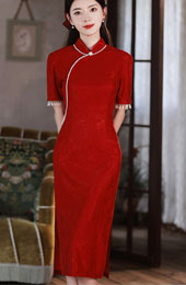 Red Shimmery Jacquard Wedding Bridal Qipao Cheongsam Dress