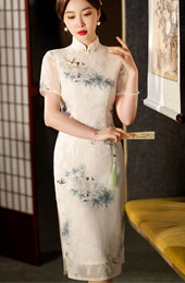 White Bamboo Jacquard Midi Qipao Cheongsam Dress