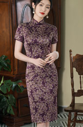 Purple Floral Print Mothers Cheongsam Qipao Dress
