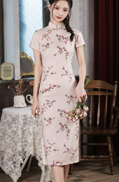 Floral Linen Midi Qipao / Cheongsam Dress