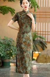 Green Black Floral Velvet Mothers Cheongsam Qipao Dress