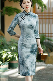 Gray Black Floral Winter Midi Cheongsam Qipao Dress