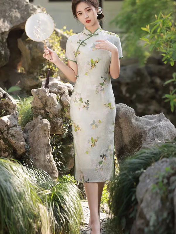 Floral Ramie Tea-Length Summer Qipao / Cheongsam Dress