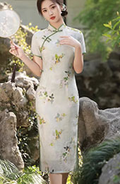 Floral Ramie Tea-Length Summer Qipao Cheongsam Dress