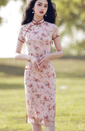 2021 Pink Floral Midi Cheongsam / Qipao Dress