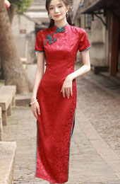 Blue Red Jacquard Maxi Qipao / Cheongsam Dress