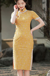 Yellow Floral Lace Midi Qipao / Cheongsam Dress