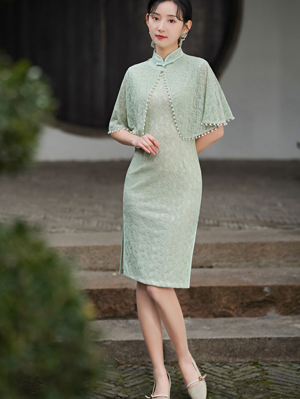 White Green Lace Mid Qipao / Cheongsam Dress with Shawl