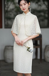 White Green Lace Mid Qipao / Cheongsam Dress with Shawl