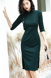 Green Stretchy Winter Cheongsam / Mid Qipao Dress