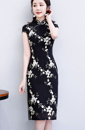 2023 Black Embroidered Floral Qipao Cheongsam Dress