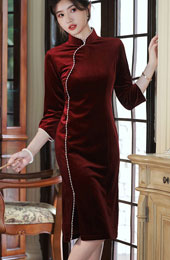 Red Beads Embellished Velvet Qipao Cheongsam Dress