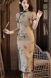 2023 Beige Floral Linen Tea Cheongsam Qipao Dress