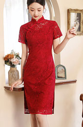 Wine Red Lace Midi Engagement Qipao Cheongsam Dress
