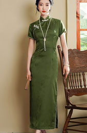 Green Jacquard Maxi Cheongsam Qipao Dress
