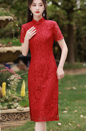 Red Floral Lace Wedding Qipao Cheongsam Dress