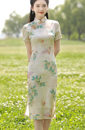 Floral Linen Midi Qipao Cheongsam Dress