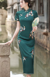 Green Embroidered Mothers Maxi Cheongsam Qipao Dress