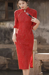 2024 Winter Red Lace Midi Cheongsam Qipao Dress