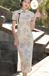 2023 Gray Floral Long Cheongsam Qipao Dress