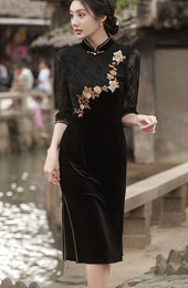 Black Embroidered Velvet Mothers Cheongsam Qipao Dress