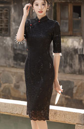 Black Sequined Lace Midi Cheongsam Qipao Dress