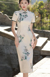 White Floral Midi Cheongsam Qipao Dress