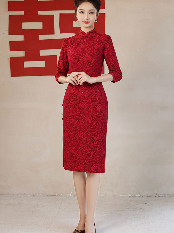 Red Floral Wedding Bride Cheongsam Qipao Dress