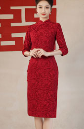 Red Floral Wedding Bride Cheongsam Qipao Dress