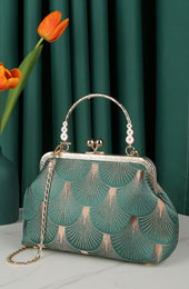 Green Jacquard Chain Top Handle Clutch Handbag