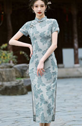 Blue White Jacquard Chiffon Cheongsam Qipao Dress