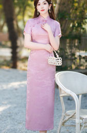 Pink White Jacquard Floral Maxi Cheongsam Qipao Dress