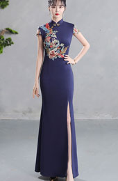 Blue Split Front Fishtail Phoenix Cheongsam Qipao Dress