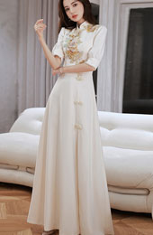 Embroidered Floral Front Split A-line Qipao Cheongsam Gown